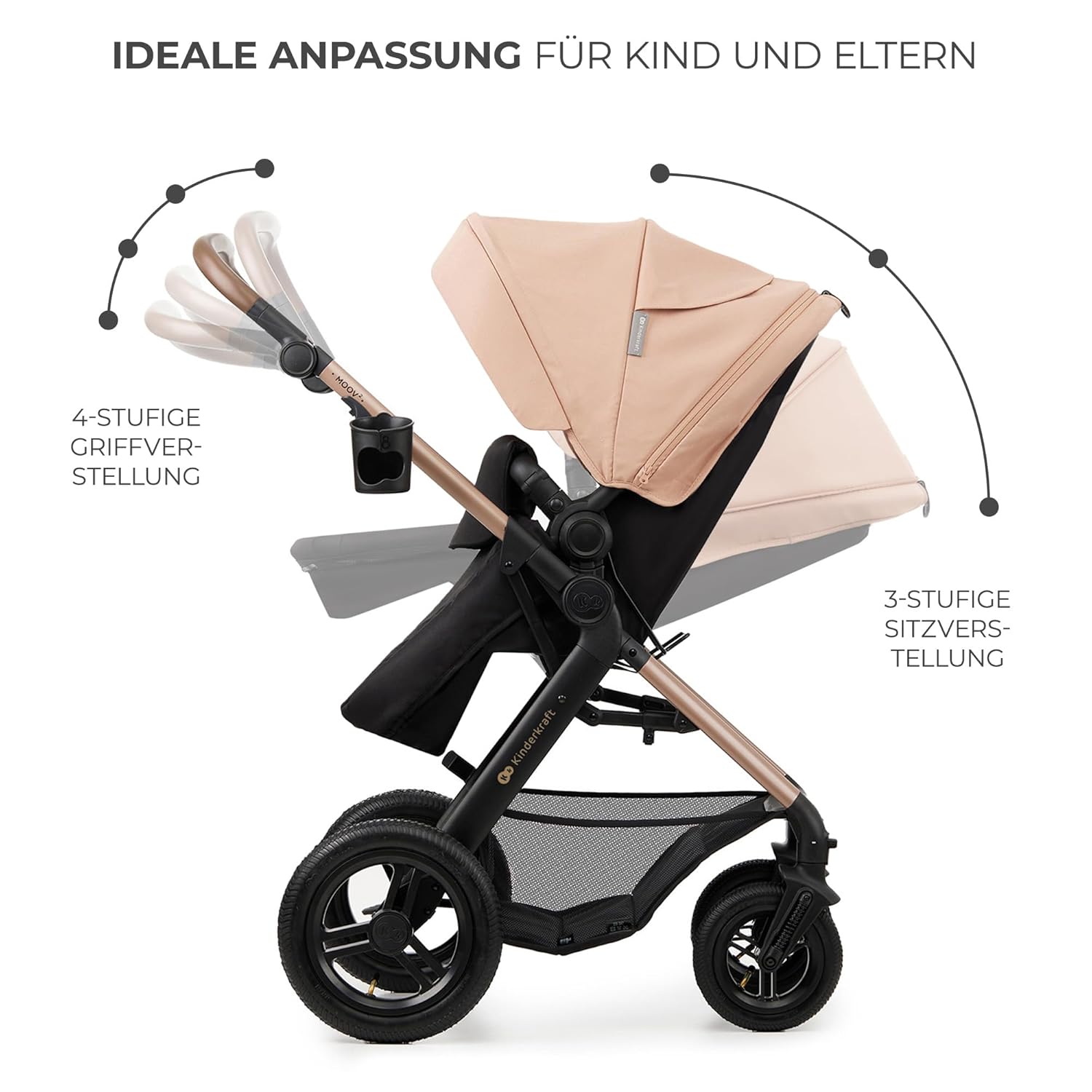 Kinderkraft MOOV2 AIR Kinderwagen 3 in 1 Kinderwagenset tot 26 kg met autostoel I-SIZE 40-75 cm, buggyfunctie, verstelbare ligstand, grote uitschuifbare kap, opblaasbare wielen, zwart