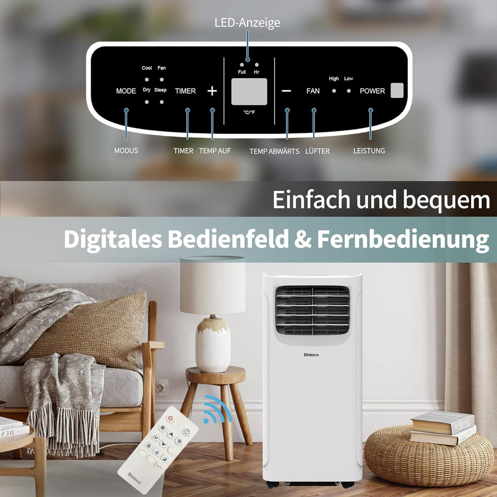 SHINCO Mobiele airconditioning met luchtafvoerslang, 9000 BTU, 2,6 kW, Koelen&Ventileren&Ontvochtigen, Mobiel airco-apparaat met slaapstand, Ruimte tot 22㎡, 24-uurs timer