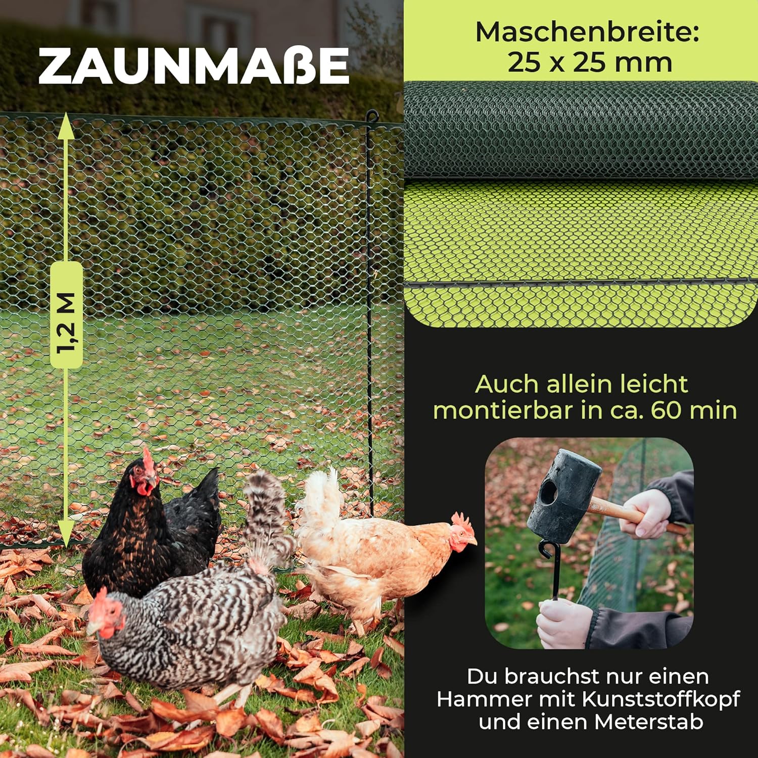 SELFmania kippenhek 25m lang | FIJNMAZIG STABIEL UV-BESCHERMING 120 cm hoog | Uitloopren kippen met 21 bevestigingspalen + 25 U-haringen | Hondenhek | Kleine dieren | Pluimveehek | Kippenaccessoires