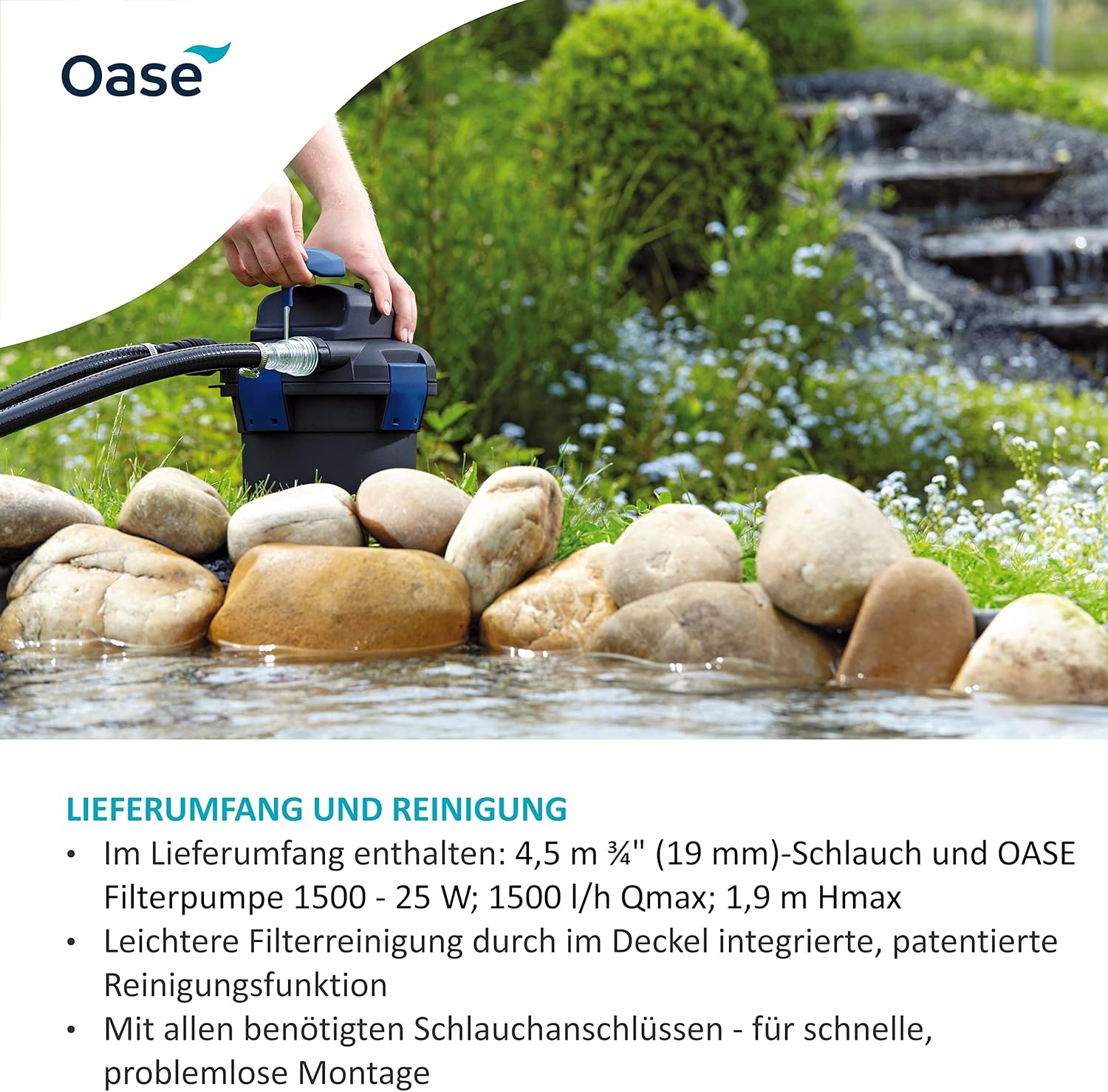 OASE 50499 Drukfilter BioPress Set 4000, vijverfilter filterset voor effectieve en snelle algenbestrijding, complete set incl. filterpomp en UVC-reiniger