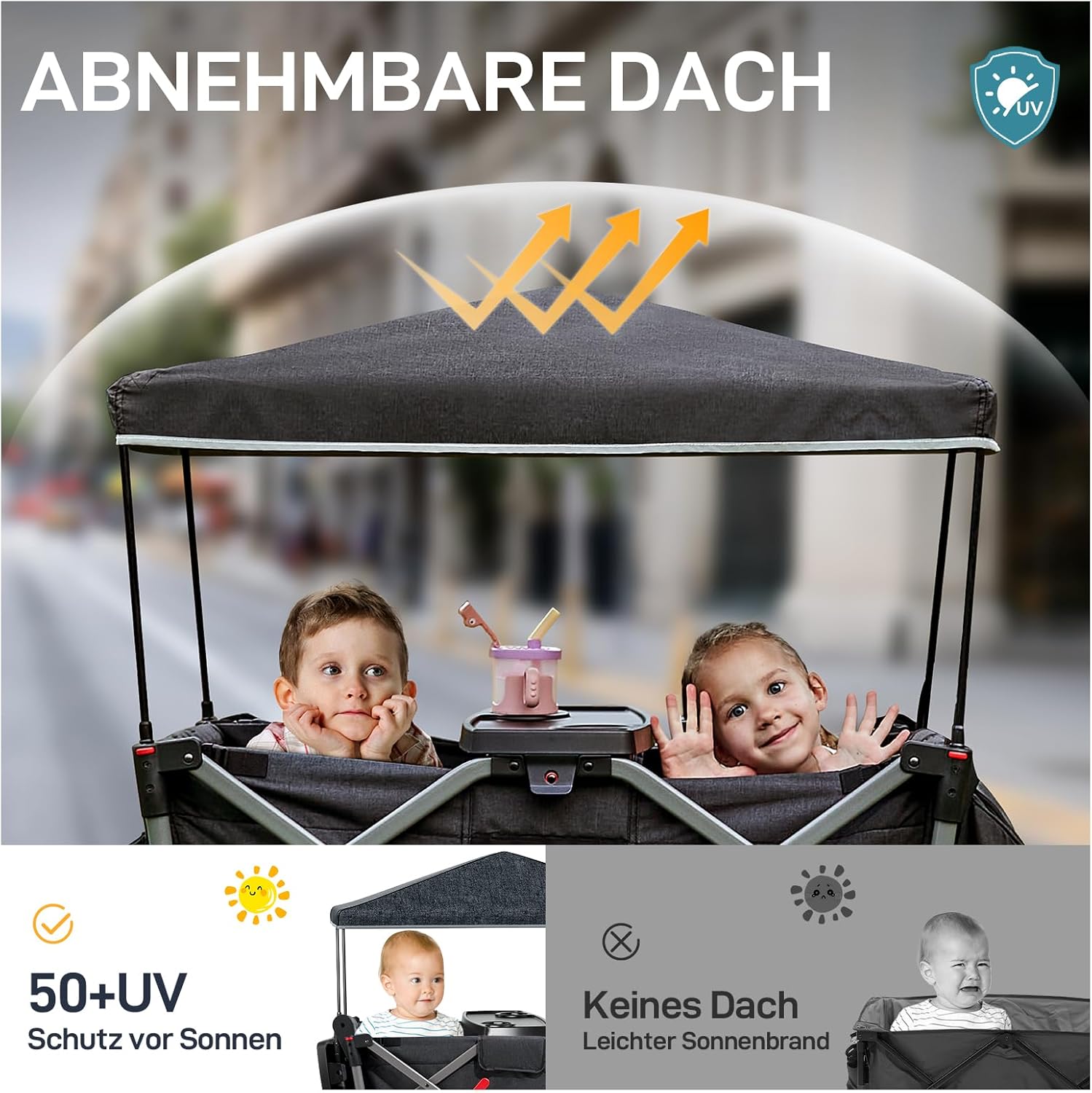 EVER ADVANCED Bolderkar voor 2 kinderen Opvouwbaar met dak, kinderwagen 2x5-punts veiligheidsgordel met luiertas, bolderkar met zitje, handwagen transportwagen, trekken & duwen, voetrem