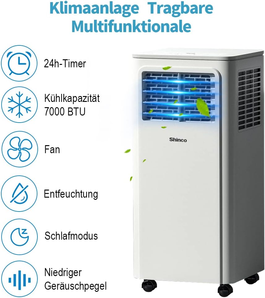 SHINCO Mobiele airconditioning met luchtafvoerslang, 9000 BTU, 2,6 kW, Koelen&Ventileren&Ontvochtigen, Mobiel airco-apparaat met slaapstand, Ruimte tot 22㎡, 24-uurs timer