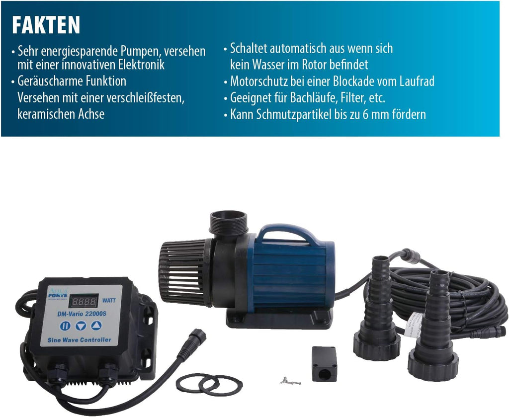 AquaForte filter-/vijverpomp DM-22.000 Vario S, 70-200W, opvoerhoogte 7,5m, regelbaar met externe controller. Ideaal als vijverpomp of als beekloop-/watervalpomp.