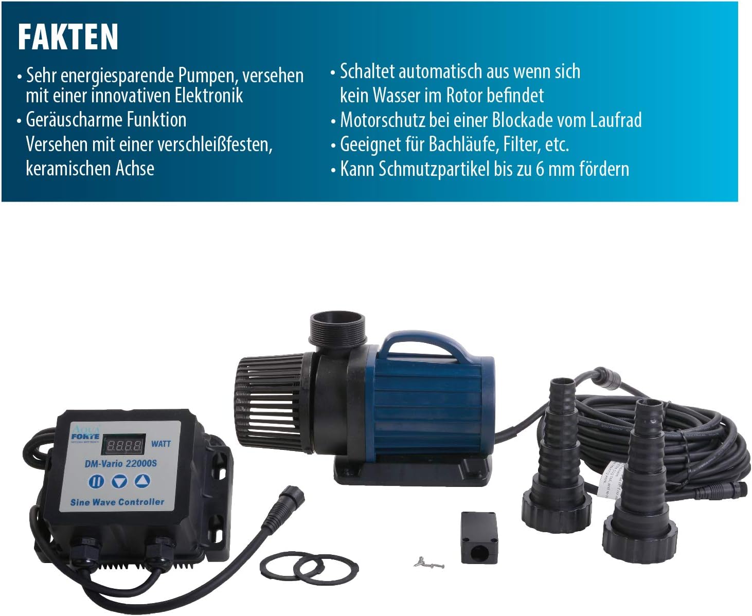 AquaForte filter-/vijverpomp DM-22.000 Vario S, 70-200W, opvoerhoogte 7,5m, regelbaar met externe controller. Ideaal als vijverpomp of als beekloop-/watervalpomp.