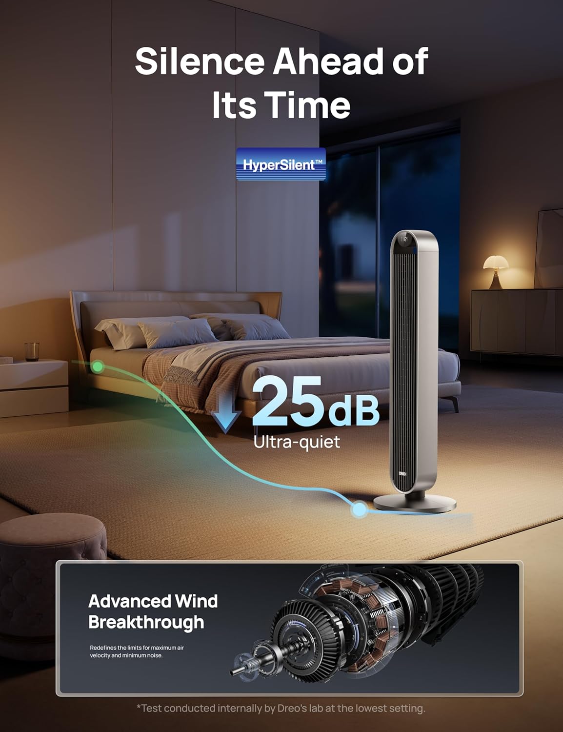 Dreo 25dB Stille Slimme Torenventilator met Spraakbesturing, WiFi Alexa Ventilator, APP Bediening, 120° Oscillerende Staande Ventilator, 12 Snelheden, 4 Modi, 12-uurs Timer, Pilot Max S