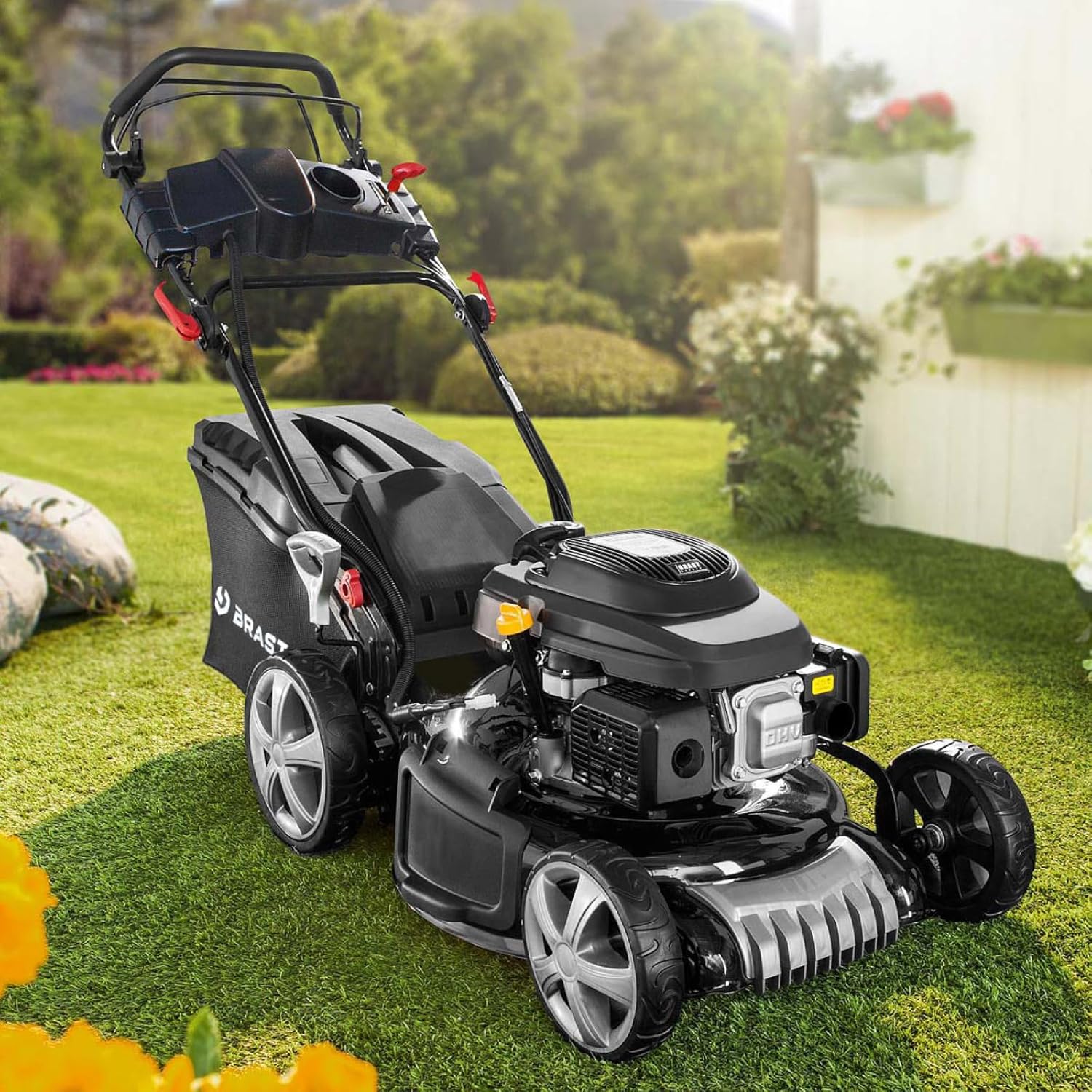 BRAST Benzin grasmaaier met aandrijving | 5,2kW(7PK) | elektrische start | 48cm snijbreedte | vele modellen | TÜV | 4-takt OHV motor | 30-80mm maaihoogte | 60L opvangbak | stalen behuizing | 19224 ESTART Speed