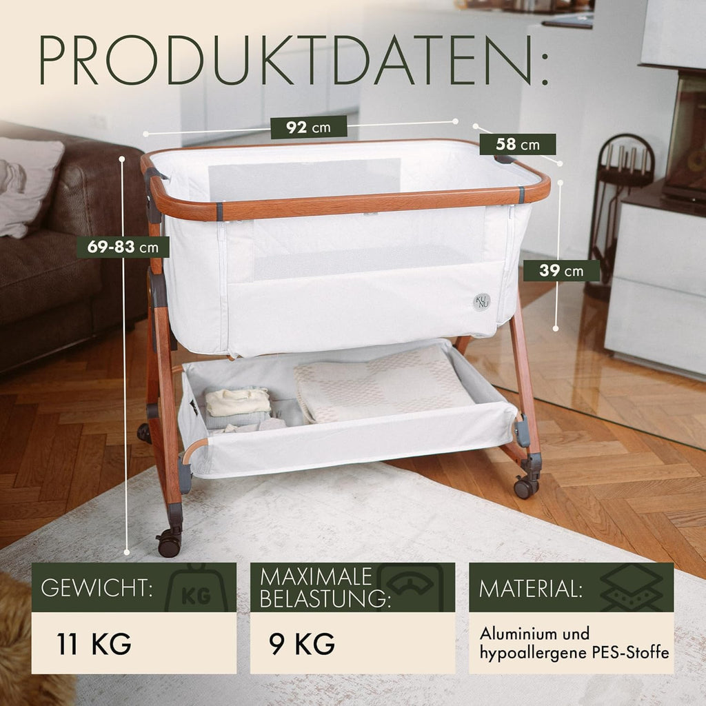 KUNU nieuw baby-co-sleeper - Van ouders voor ouders - Scandinavisch design - Verrijdbaar & schommelfunctie - In hoogte verstelbaar - Baby-geoptimaliseerd matras - incl. reistas