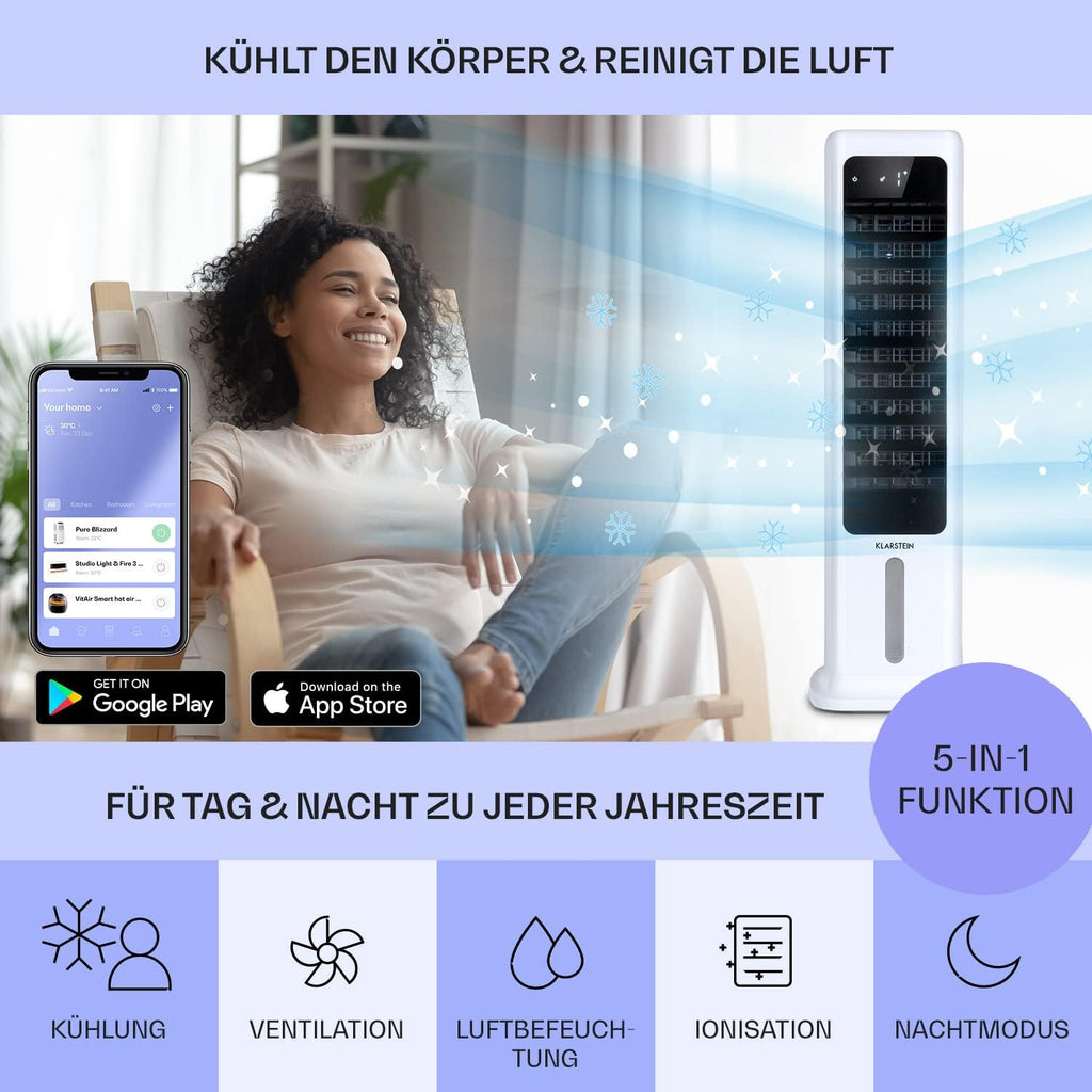 Klarstein Luchtkoeler met Waterkoeling, 5-in-1 Verdampingskoeler, Luchtbevochtiger, Ventilator & Luchtreiniger, Mobiele Airconditioner Luchtkoeler met App-Bediening, 80W Air Cooler, 462m³/h Luchtstroom, Wit