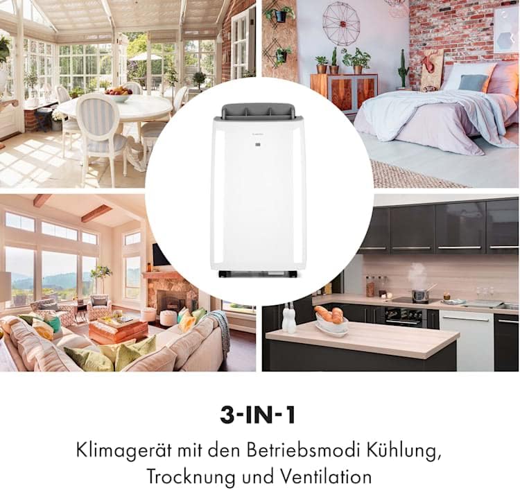 KLARSTEIN Grandbreeze Pro 14K – Mobiele airconditioner, luchtontvochtiger, ventilator, 3 snelheden, 14000 BTU/1,65 kW, ruimte: 42 tot 68 m², luchtstroom: 460 m³/u, CEE A – Wit airco