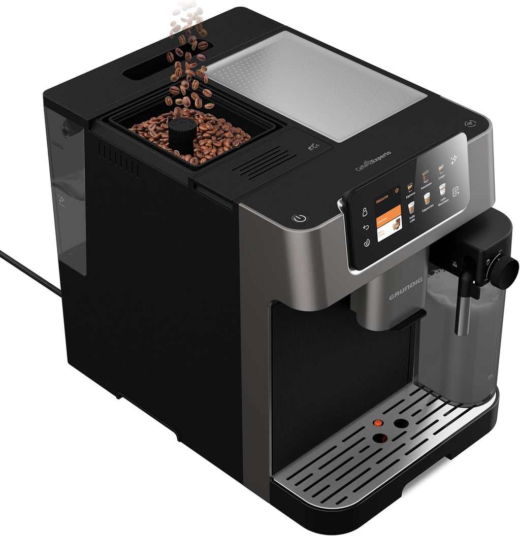 GRUNDIG KVA 7230 volautomatische koffiemachine, 10 koffiespecialiteiten, 13 maalfijnheden, melkreservoir, krachtig 1350 W, 19 bar pompdruk, dubbele uitloop, verlichting, Zwart/Donkerzilver