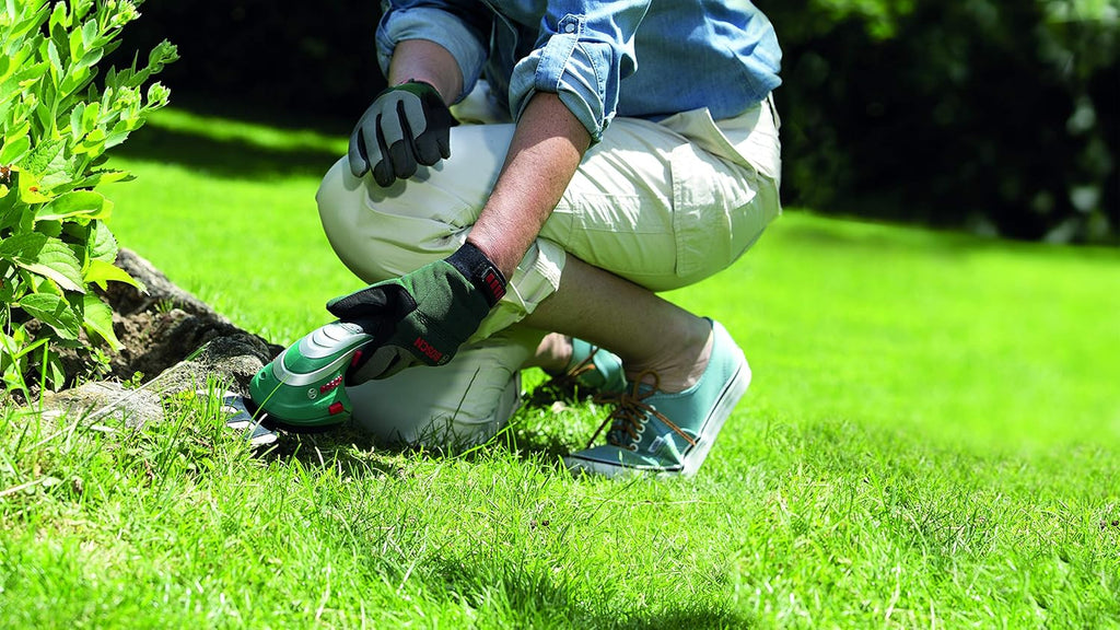 Bosch accugrasscharenset Isio (3,6 volt, meslengte 12 cm, mesafstand 8 mm, inclusief XL-tuinhandschoenen, in softcase) – Amazon Edition