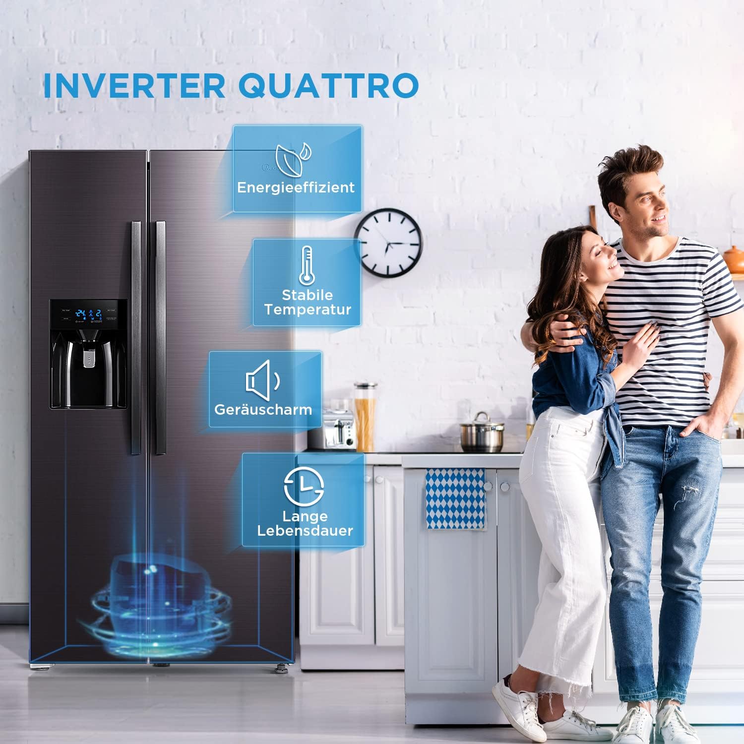 Midea KS-DDX 6.32 WT Amerikaanse koelkast/178,8 cm hoogte/254 kWh/jaar/No Frost/Dual Inverter Compressor/met 3-in-1 water-/ijsdispenser en watertank, Dark Inox