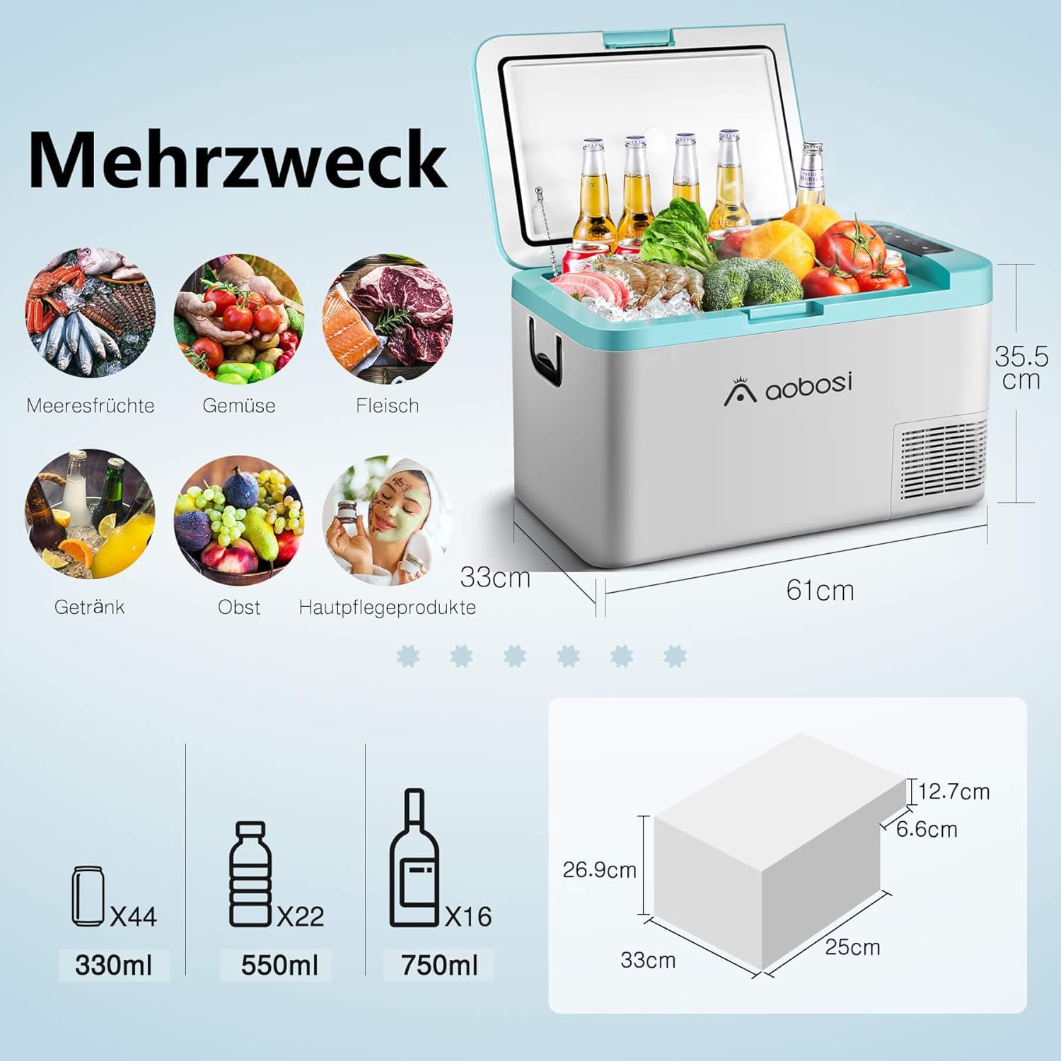 AAOBOSI Compressor Koelbox 36 L, Koelbox Auto met Wifi App Besturing, 12/24 V en 100-240 V Elektrische Koelbox, tot -20 °C voor Auto, Vrachtwagen, Boot, Camper, Camping, Dubbele Zone