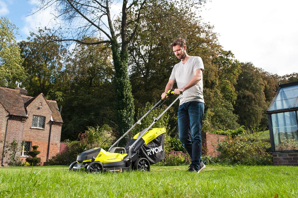 RYOBI 18 V ONE+ Accu-grasmaaier RLM18X33B40 (snijbreedte 33 cm, 5-voudige hoogteverstelling 25-65 mm, inklapbare duwbeugel, incl. mulchplug, 35l grasvangzak, 4,0Ah accu & lader)