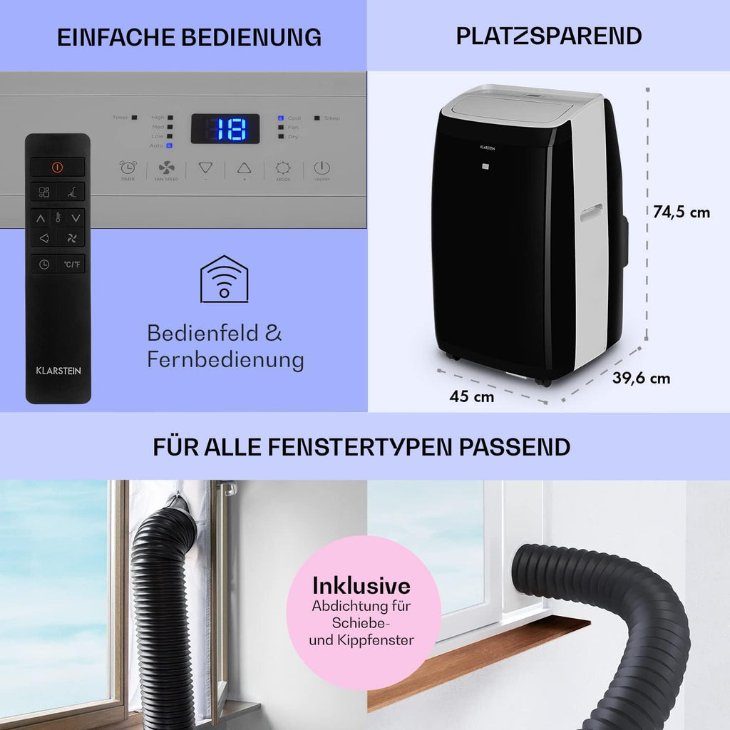 Klarstein Mobiele Airconditioner met Afvoerslang, 4-in-1 Airco, Ventilator, Luchtontvochtiger & Nachtmodus, Kleine & Draagbare Airco voor Thuis & Kantoor, Laag Verbruik, 14000BTU
