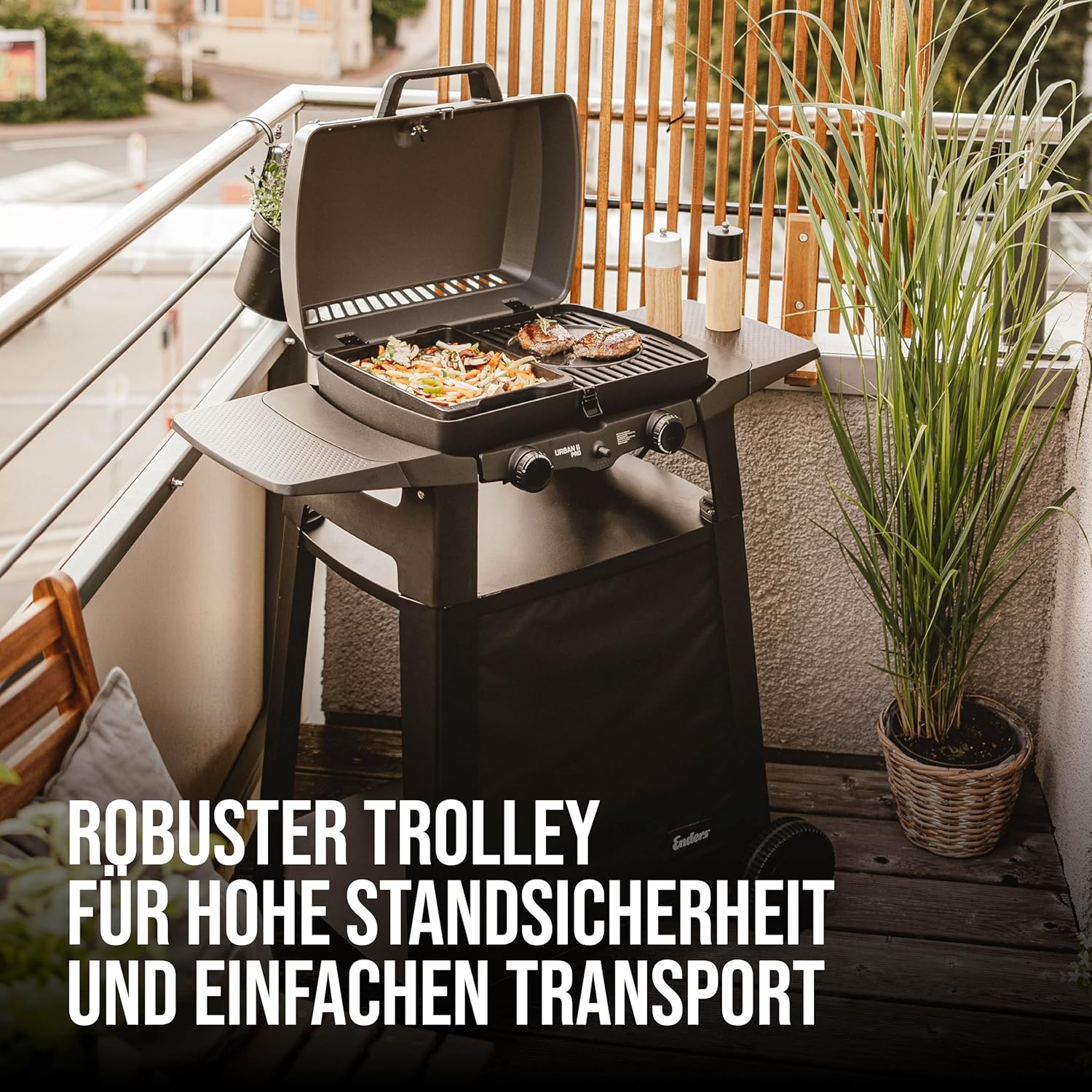 Enders Gasbarbecue Urban II Pro, tafelbarbecue, grill-, kook- en bakfunctie, 2 branders RVS, met grillthermometer, balkon-, campingbarbecue, gegoten aluminium behuizing, gietijzeren rooster, #2062
