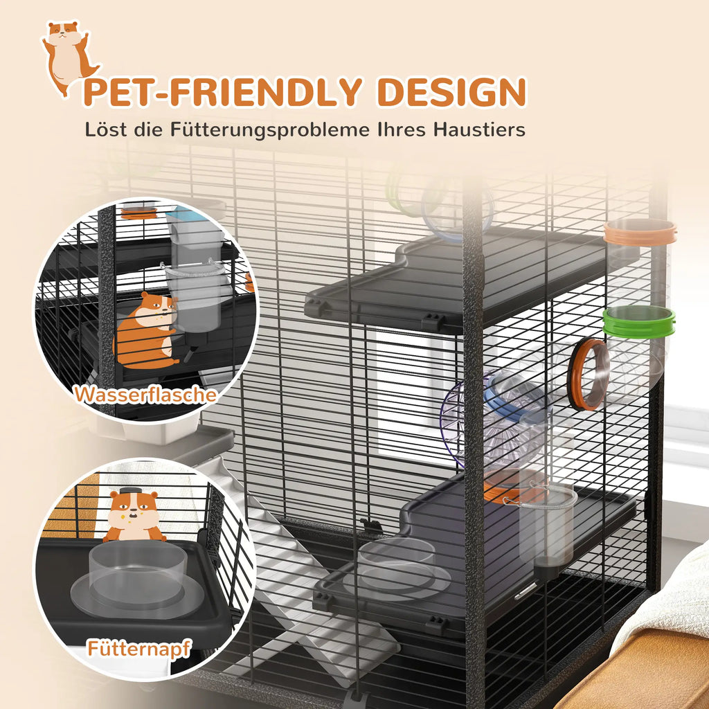 PawHut Hamsterkooi Knaagdierkooi met Buizen Loopwiel Wieltjes Opbergplank