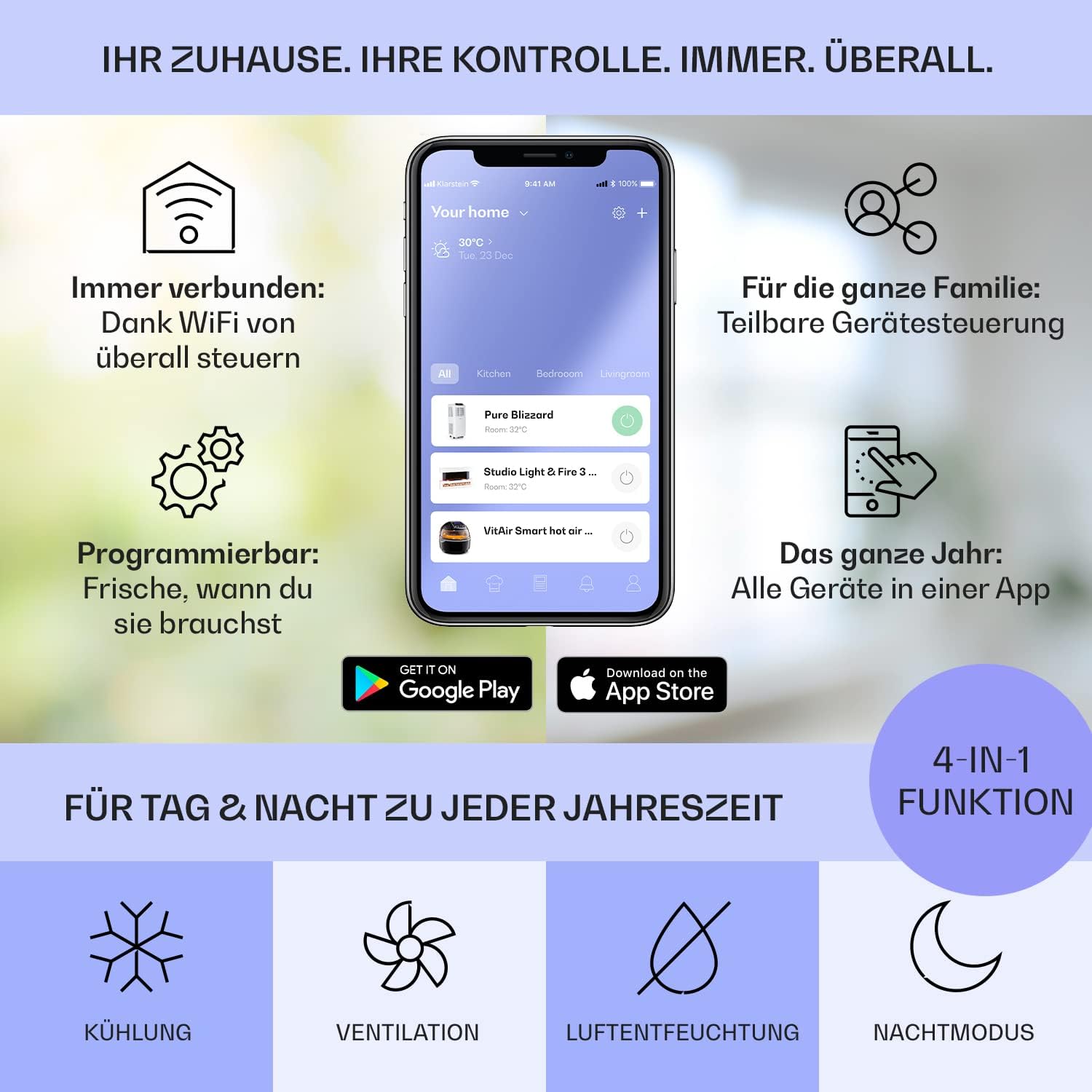Klarstein Airconditioner, 4-in-1 Airconditioningsysteem, Luchtontvochtiger, Ventilator & Nachtmodus, Mobiele airconditioner met afvoerslang, App-bediening, Airconditioner voor ruimtes tot 44 m², 9000 BTU, Wit