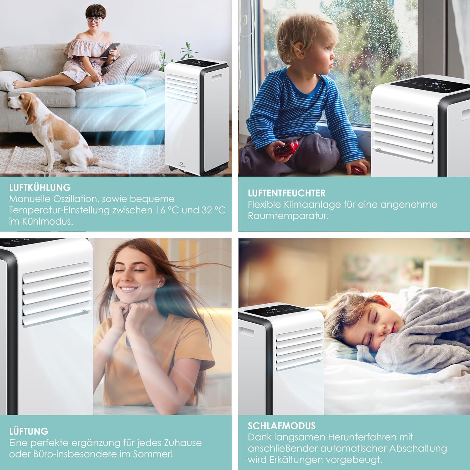 KESSER® Mobiele airco 4-in-1 koelen | Luchtontvochtiger ventileren | Ventilator 9000 BTU/u 1005W | Mobiele airconditioning met montagemateriaal, afstandsbediening & timer | Nachtmodus & 360° wielen