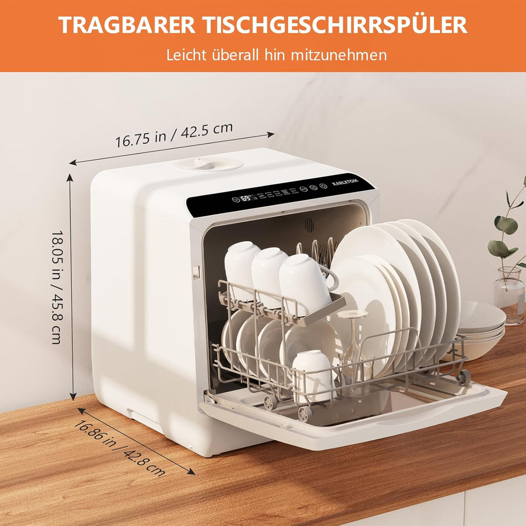 Karlxtom TDQR03A Mini Vaatwasser, 6 Programma's Vrijstaande Tafelvaatwasser, Vaatwasser met 2 Watertoevoermodi, Automatisch Drogen, Perfect voor Kleine Gezinnen en Koppels