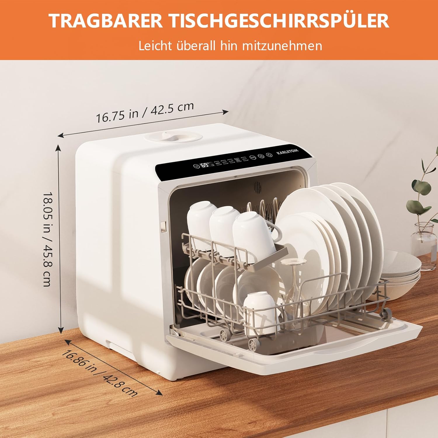 Karlxtom TDQR03A Mini Vaatwasser, 6 Programma's Vrijstaande Tafelvaatwasser, Vaatwasser met 2 Watertoevoermodi, Automatisch Drogen, Perfect voor Kleine Gezinnen en Koppels