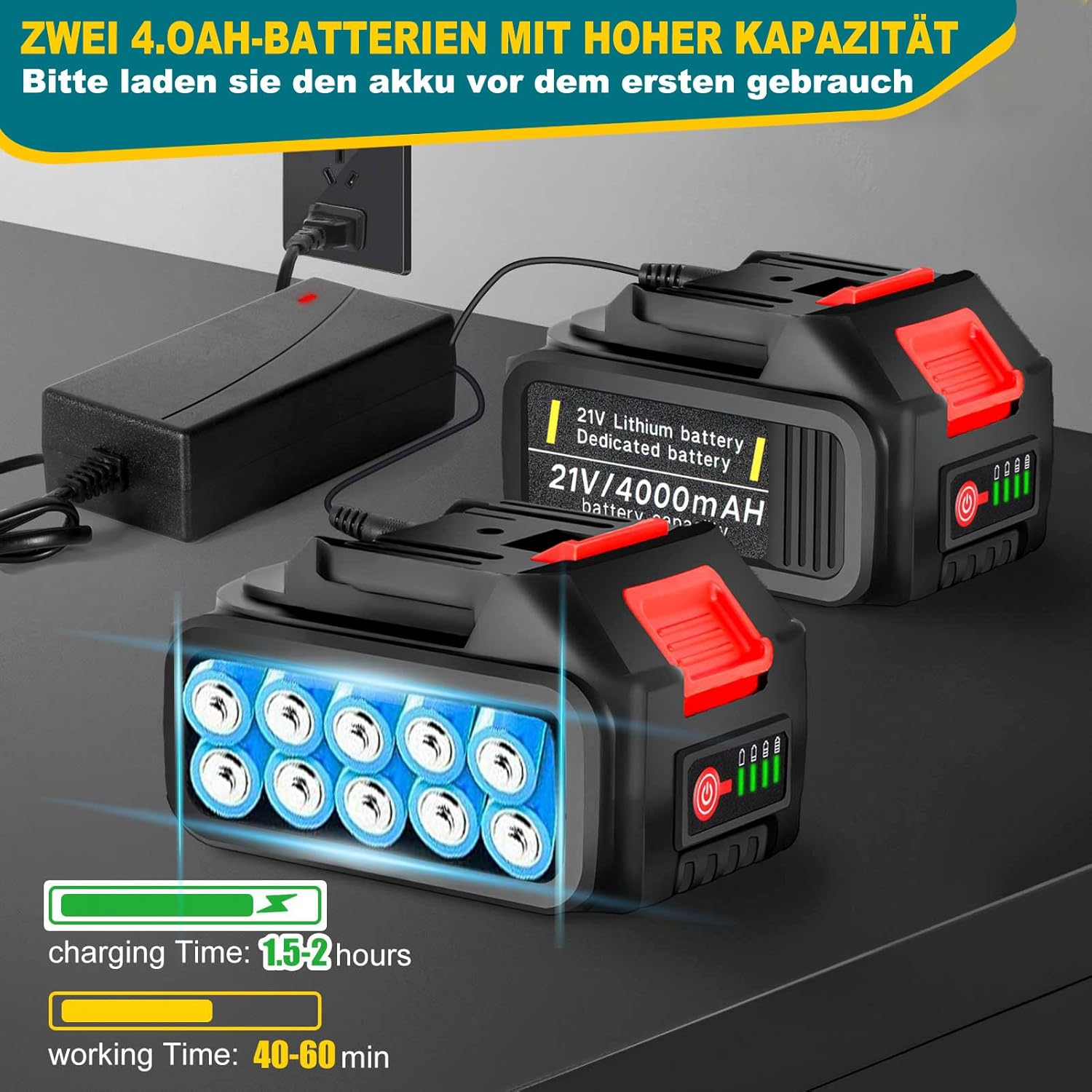 Accu grastrimmer met accu en onkruidborstel, grastrimmer op accu met 5 soorten messen, 21 V borstelloze bosmaaier op accu, met 2 accu's 4.0Ah voor het trimmen in de tuin (Grijs)