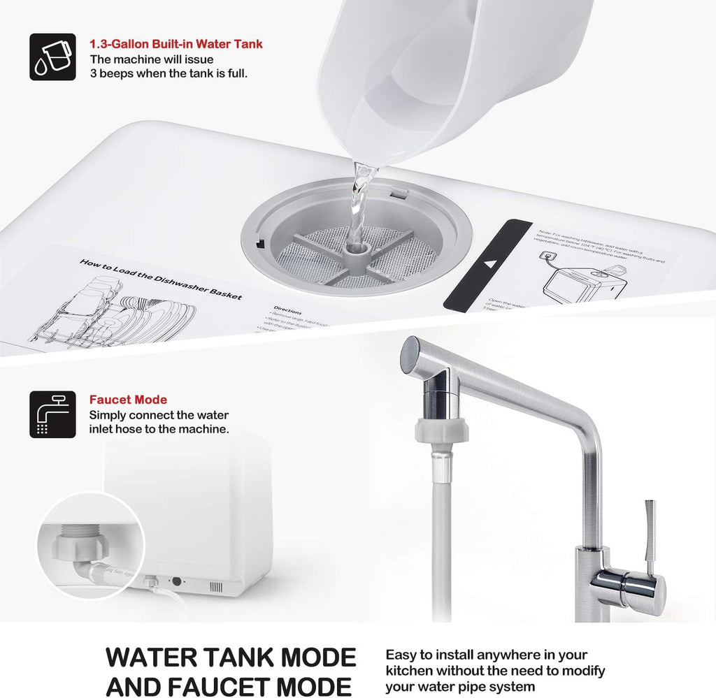 Draagbare tafelvaatwasser, compacte vaatwasser met ingebouwde 5 l watertank en toevoerslang, 5 wasprogramma's, babyverzorging, luchtdroogfunctie en ledlamp voor kleine appartementen