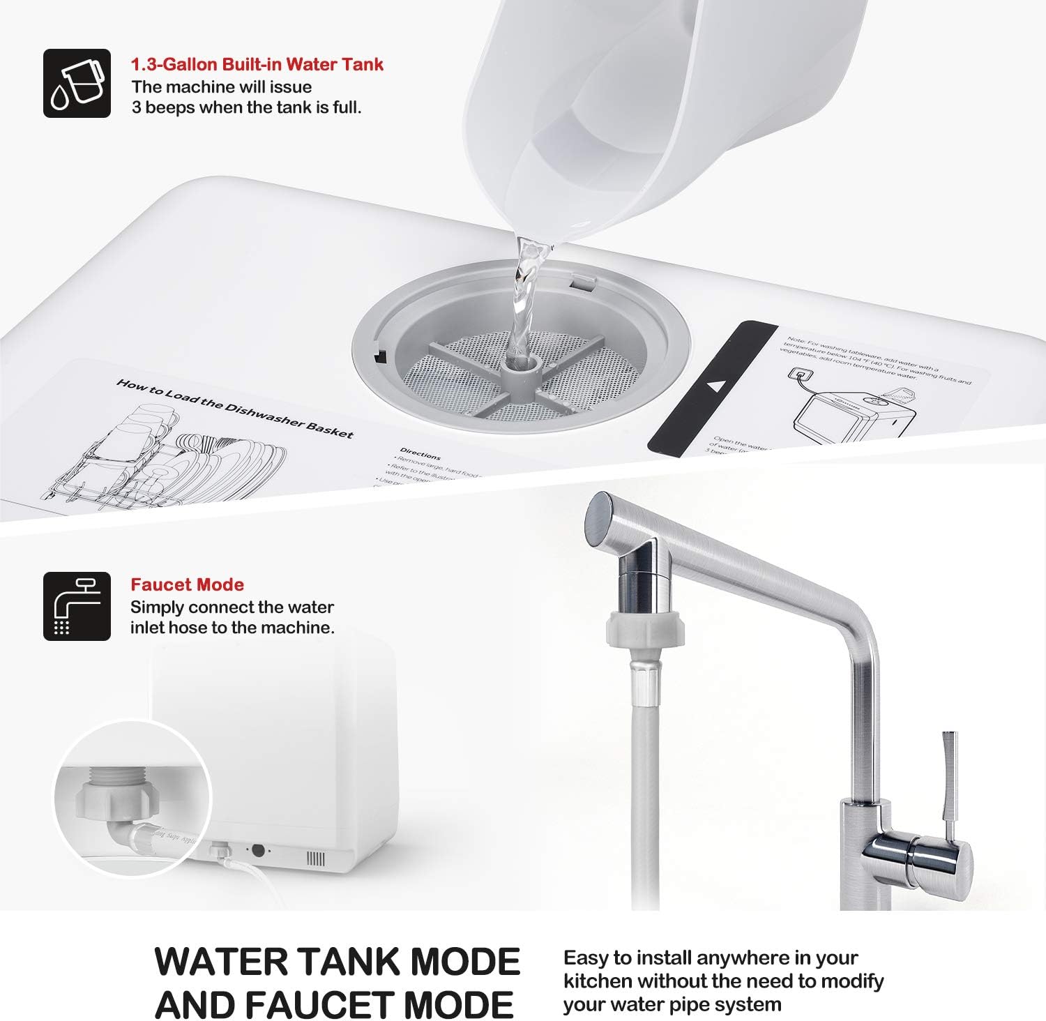 Draagbare tafelvaatwasser, compacte vaatwasser met ingebouwde 5 l watertank en toevoerslang, 5 wasprogramma's, babyverzorging, luchtdroogfunctie en ledlamp voor kleine appartementen