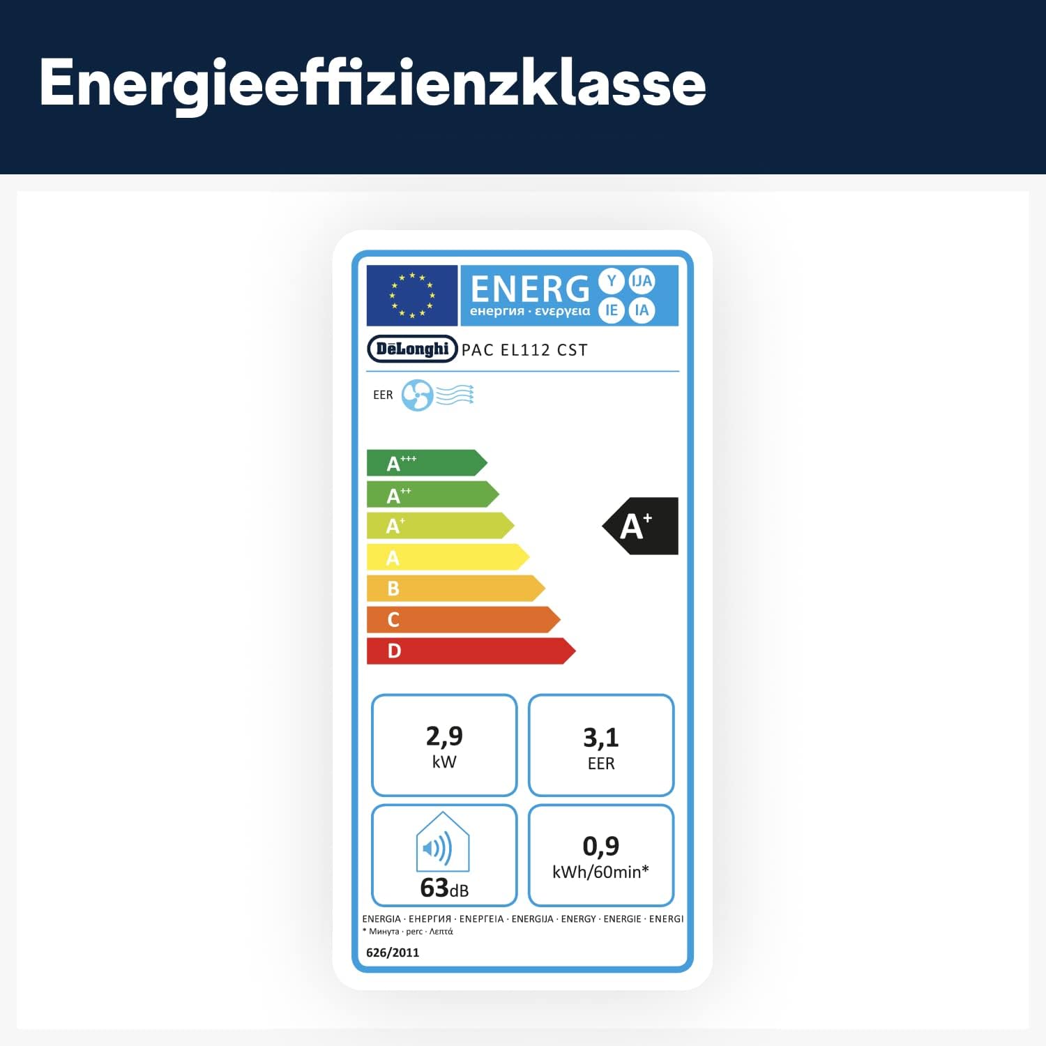 De'Longhi Pinguino PAC EL112 CST mobiele airconditioner met afvoerslang, airconditioning voor ruimtes tot 110 m³, luchtontvochtiger, ventilatiefunctie, 24-uurs timer, zwart