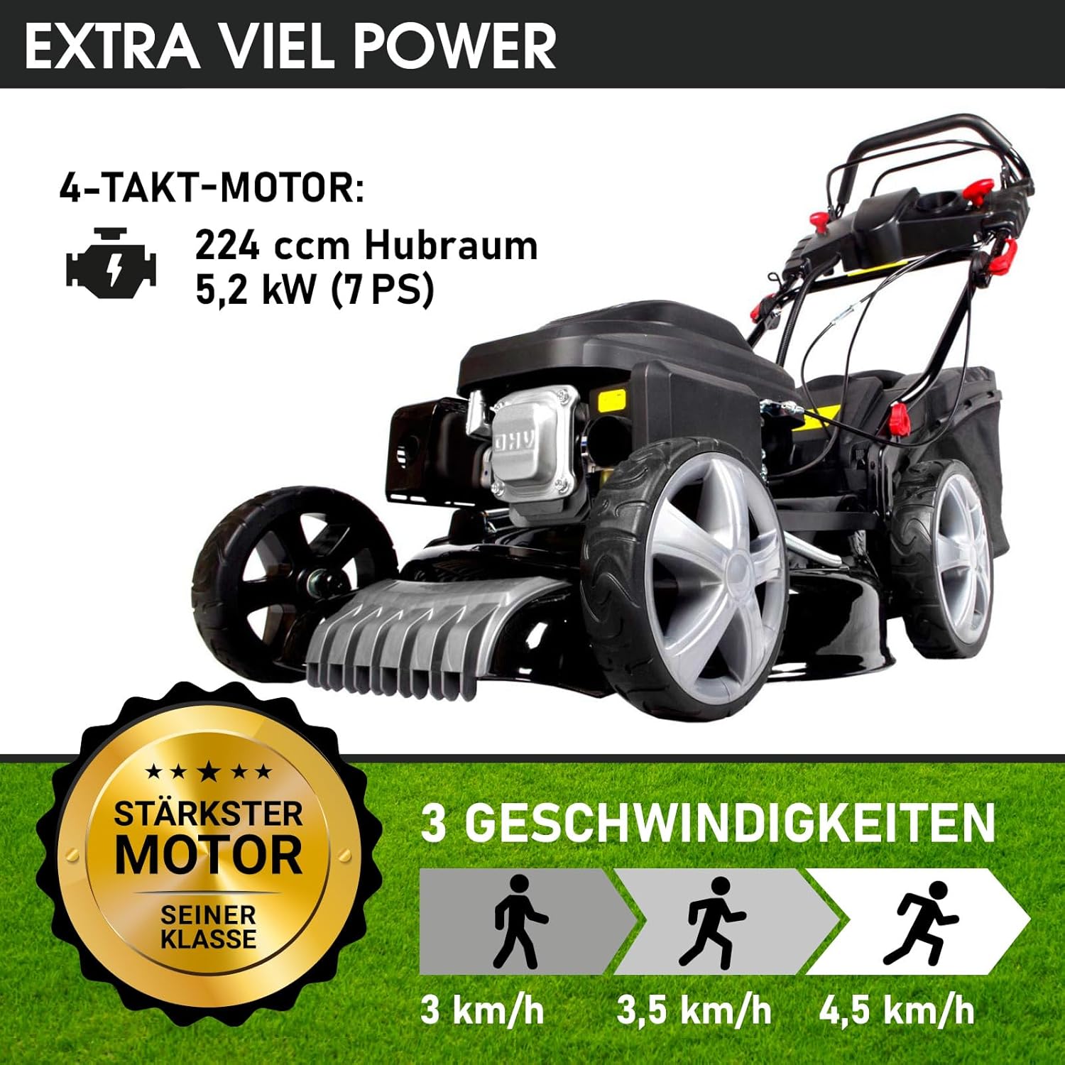 BRAST Benzin grasmaaier met aandrijving | 5,2kW(7PK) | elektrische start | 48cm snijbreedte | vele modellen | TÜV | 4-takt OHV motor | 30-80mm maaihoogte | 60L opvangbak | stalen behuizing | 19224 ESTART Speed