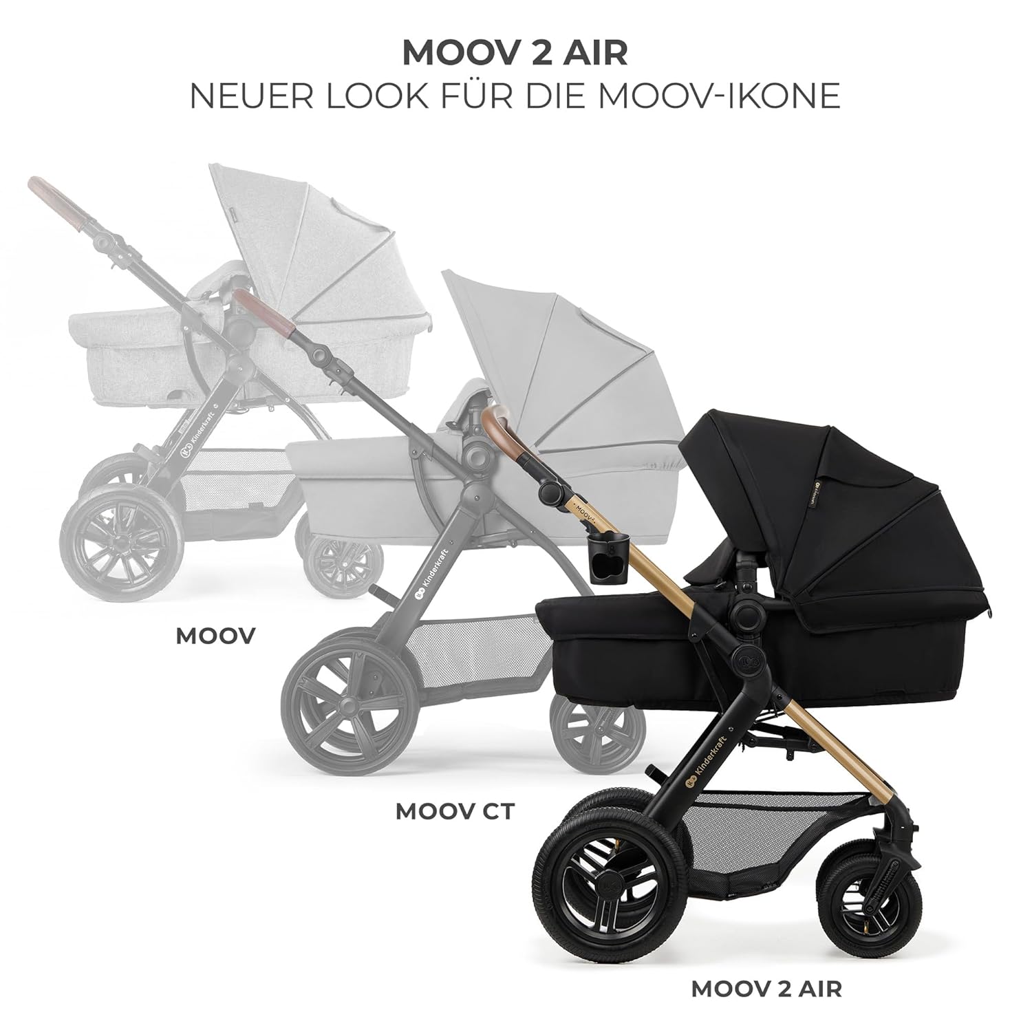 Kinderkraft MOOV2 AIR Kinderwagen 3 in 1 Kinderwagenset tot 26 kg met autostoel I-SIZE 40-75 cm, buggyfunctie, verstelbare ligstand, grote uitschuifbare kap, opblaasbare wielen, zwart